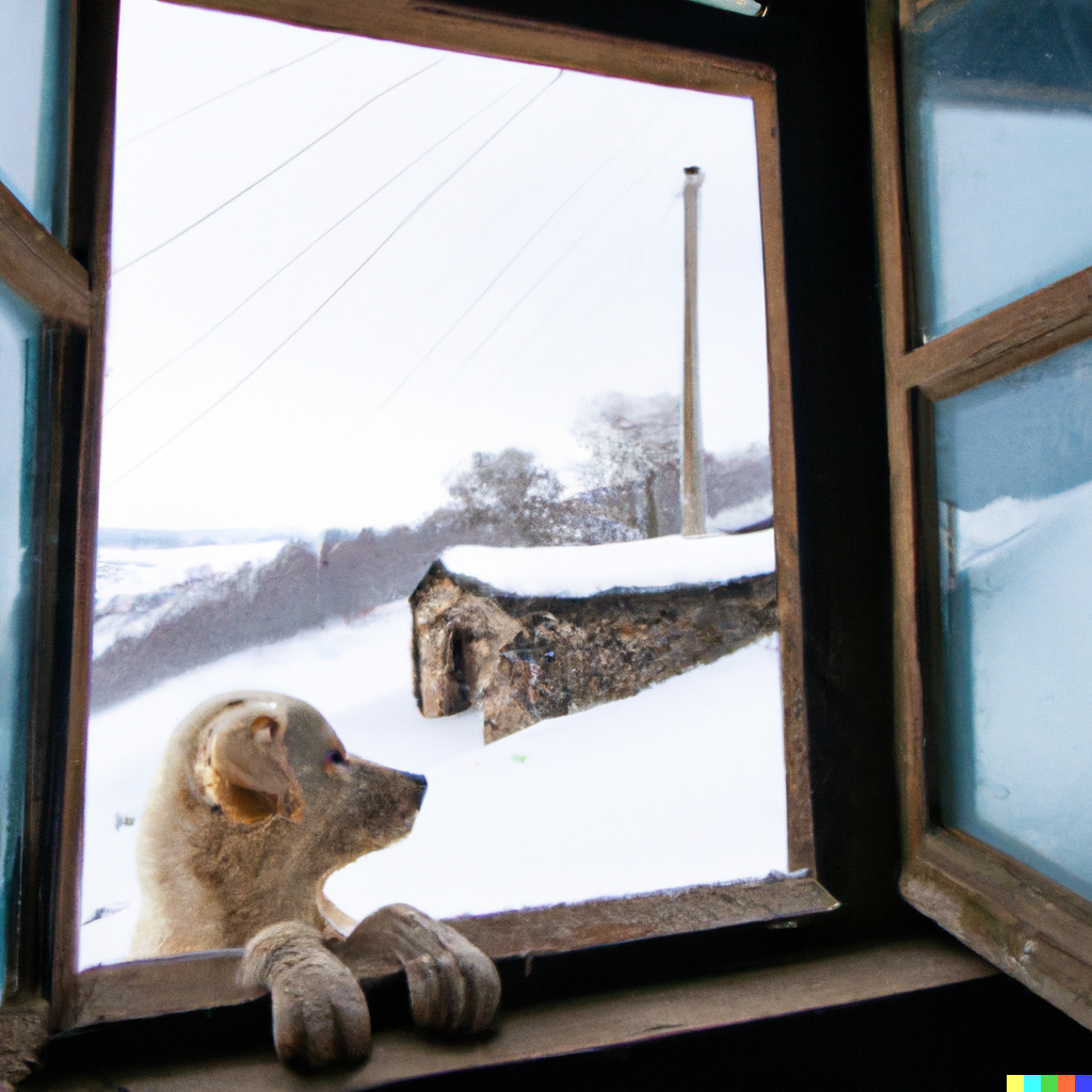 DALL·E 2022-10-07 01.07.17 - A puppy is seeing through a window in a snowy day, rural village in winter